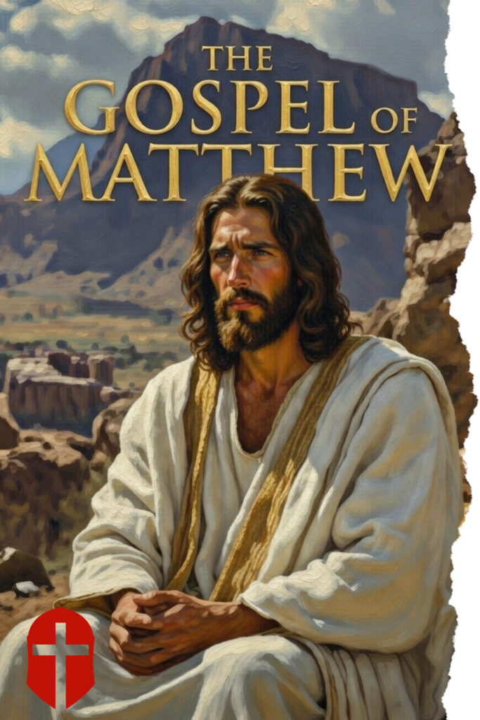 Image of the Jesus with his hands folded in his lap with a the title: The Gospel of Matthew. 